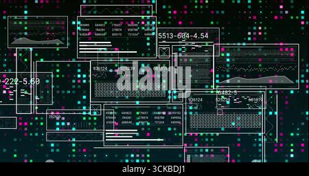 Displaying multiple data-display panels in virtual cyberspace, with colorful pixel grid and charts. Futuristic, digital, technology, analytics, visual Stock Photo