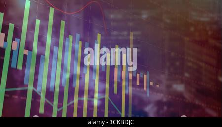 Displaying financial graphics over blurred skyscrapers, with vertical bar charts, line graphs, grid. Finance, data visualization, analytics, technolog Stock Photo