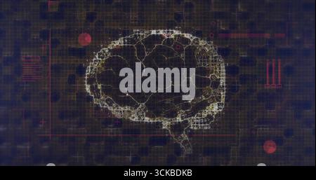 Displaying glowing gold brain network on digital grid UI with red markers, bars, magenta squares. Futuristic, technology, digital, neural, artificial Stock Photo