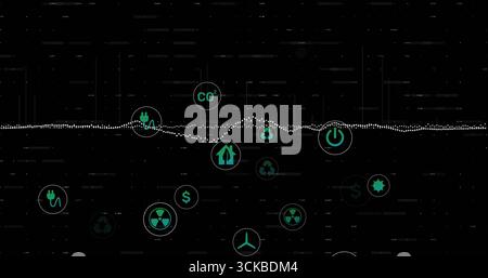 Displaying dotted waveform line moving across digital dashboard, with green energy icons floating. Technology, data, innovation, sustainability, futur Stock Photo