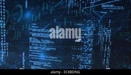 Floating code snippets and grid forming network node in virtual 3D data space, with glowing nodes. Cybersecurity, data visualization, digital landscap Stock Photo