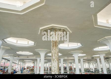 Interior view of a modern architectural space with hexagonal skylights and white columns. Stock Photo