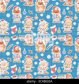 Seamless pattern Cute Christmas Cow, Sheep, Goat and Horse in Santa hat with New Year Garland, gift on checkered Blue Background. Funny Cartoon Little Stock Vector