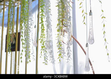 A close-up view of hanging greenery and decorative glass teardrop lights, creating a serene and stylish atmosphere Stock Photo