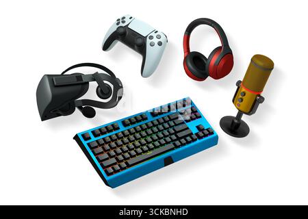 Gaming accessories including VR headset, RGB keyboard, headphones, and microphone shown isolated on white background Stock Photo