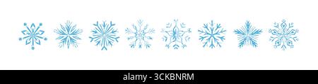 Hand drawn crayon blue snow flake border. Snowflake line symbol. Frozen winter ice crystal. Fancy Merry Christmas and Happy New Year design Stock Vector