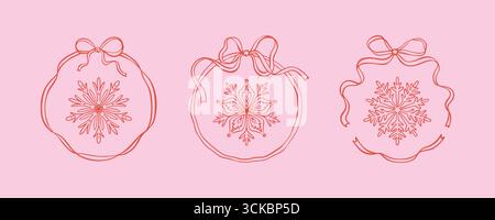 Set of coquettish hand drawn doodle bow ribbon frames and cute sketch snow flakes. Design elements for Christmas greeting cards, New year and bachelor Stock Vector