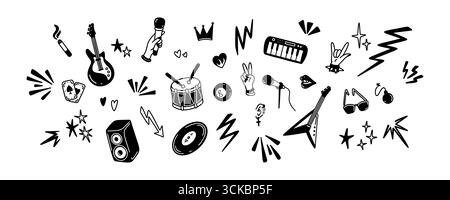 Punk rock n roll music background. Hand drawn line doodle icon set vector illustration. Sticker, tattoo, poster, graffiti design. Retro party invitati Stock Vector