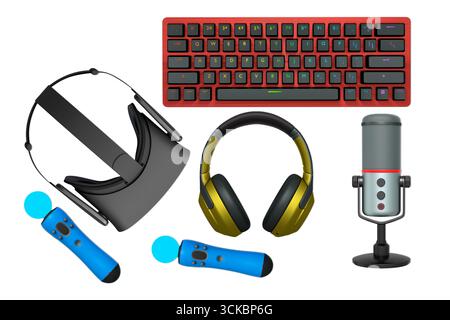 Gaming accessories including VR headset, RGB keyboard, headphones, and microphone shown isolated on white background Stock Photo
