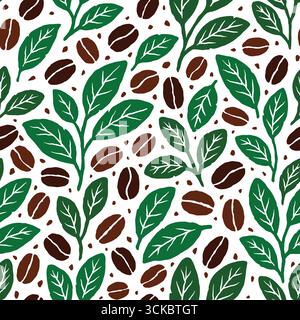 Coffee beans and leaves seamless pattern. Vector illustration flat design background. Stock Vector