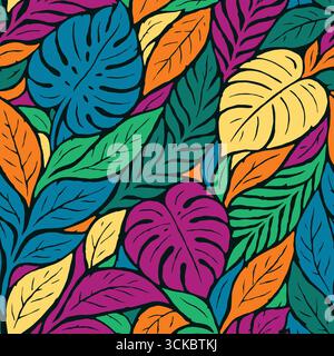 Exotic rainforest leaves seamless pattern. Vector illustration flat design background. Stock Vector