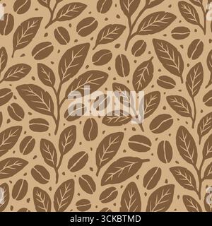 Coffee beans and leaves seamless pattern. Vector illustration flat design background. Stock Vector