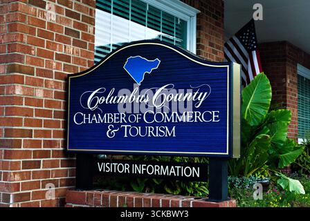 Whiteville, NC – August 21, 2025: Sign in front of Columbus County Chamber of Commerce and Tourism. Stock Photo