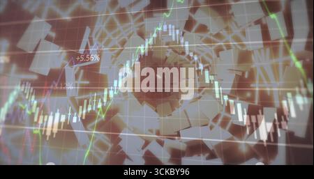 Displaying chart in cube tunnel grid lines with candlesticks and colored line graphs marking +5.56%. Futuristic, data, digital, geometric, finance, te Stock Photo