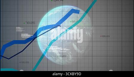 Presenting semi-transparent globe centered on grid with line charts, data labels and text overlays. Technology, analytics, innovation, digital, futuri Stock Photo
