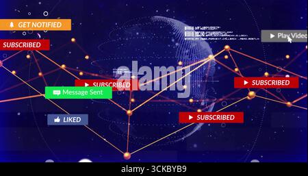 Animating wireframe globe with orange nodes on virtual network, displaying notifications and code. Technology, connectivity, digital, cyber, interface Stock Photo