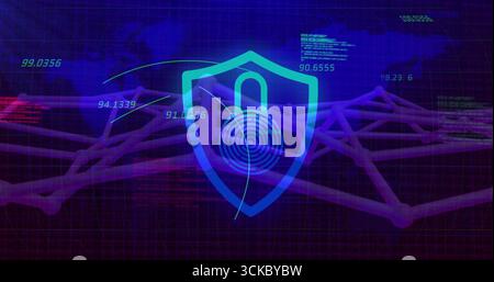 Displaying shield icon with padlock fingerprint securing network on screen, with neon code data. Cybersecurity, digital, technology, protection, netwo Stock Photo