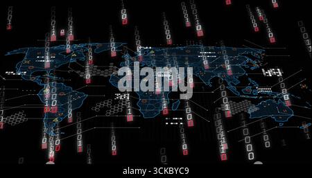 Displaying world map in data, binary streams network links hex grid and triangular warning icons. Cyberspace, global connectivity, technology, digital Stock Photo