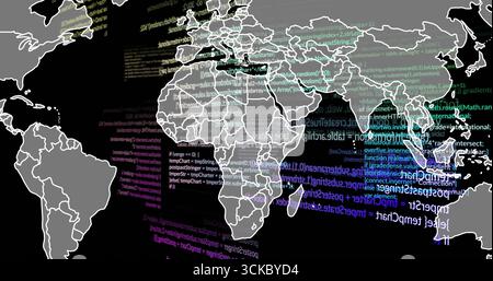 Displaying world map outline overlaid with neon code snippets on dark canvas, data-visualization. Geography, technology, cybersecurity, digital, futur Stock Photo