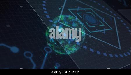 Floating 3D sphere with triangular facets over digital circuit plane emitting particles. Futuristic, abstract, technology, cyber, digitalart, innovati Stock Photo