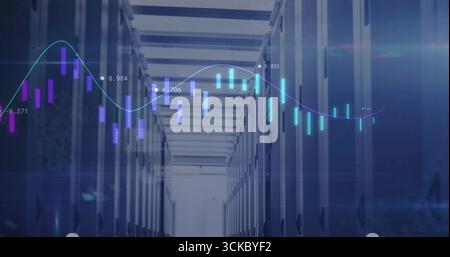 Showing server cabinets lining corridor in data center with LED lights, candlestick chart overlay. Futuristic, technology, digital, industry, data, in Stock Photo