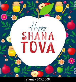 Shana Tova greeting card with big apple on honey and pomegranate pattern background. Rosh Hashanah poster template. Jewish holiday banner vector Stock Vector