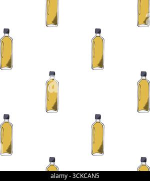 Yellow Olive oil bottle seamless pattern. Vector graphic line ink colored illustration. Silhouette sign for logo, print, comics, fashion, pop art, boa Stock Vector