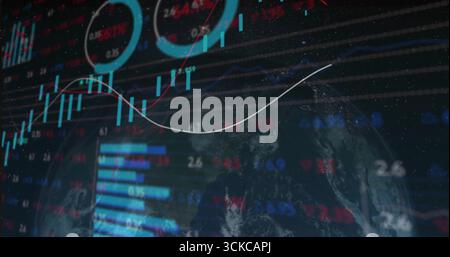 Displaying Earth globe overlaying trading dashboard with candlestick bars line chart and gauges. Technology, analytics, innovation, data visualization Stock Photo