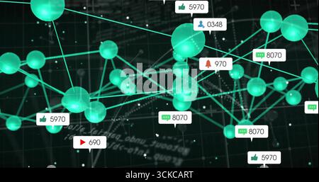 Showing glowing teal-green spheres forming network on dark grid with social media metric icons. Digital matrix, connectivity, technology, innovation, Stock Photo