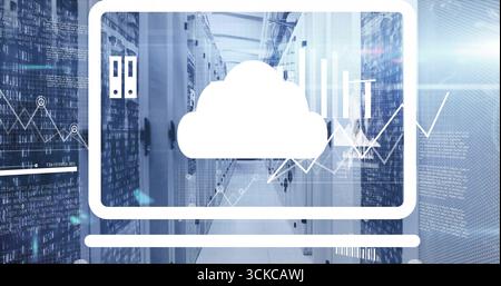 Displaying white laptop outline showing cloud icon over data center with racks and code overlays. Technology, cloud computing, data infrastructure, di Stock Photo