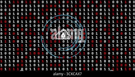 Pulsing white cloud with padlock sending light-blue signals in digital field, with binary digits. Cyberspace, cybersecurity, encryption, data protecti Stock Photo