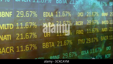 Displaying digital panel showing ticker codes percentages at office with skyline water reflections. Technology, data, analytics, futuristic, innovatio Stock Photo