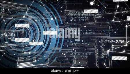 Displaying concentric blue HUD interface on left side of dashboard, with CSS snippets and nodes. Futuristic, technology, cybersecurity, data visualiza Stock Photo