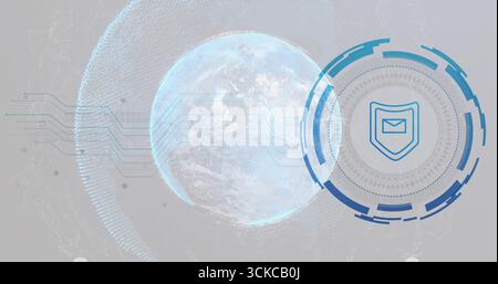 Displaying holographic Earth globe projecting circuit-like lines in cyberspace, with HUD interface. Futuristic, technology, digital, network, interfac Stock Photo