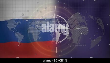 Displaying NATO compass rose emblem on split graphic, with dotted world maps and Russian flag bands. Geopolitical, digitalart, infographic, security, Stock Photo