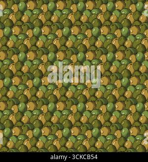 Olive berries closeup seamless pattern. Vector graphic line ink colored illustration. Olive ripe green fruits background. Branding concept for olive o Stock Vector