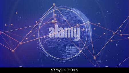 Displaying wireframe mesh sphere pulsing in virtual digital space, with orange-gold nodes and lines. Technology, connectivity, innovation, cyber, futu Stock Photo