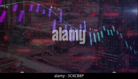 Showing financial chart overlaying city skyline at night with candlesticks, line graph and hex grid. Urban, skyline, data, technology, analytics, fina Stock Photo