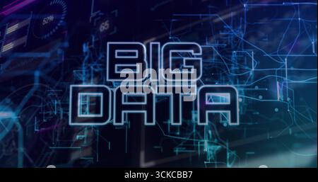 Displaying neon BIG DATA text glowing on digital dashboard, with circuit lines, numeric indicators. Futuristic, technology, cyber, digital, innovation Stock Photo