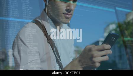 Holding smartphone man in white shirt and suspenders showcasing code reflection on glass in plaza. Technology, innovation, urban, business, outdoor, p Stock Photo