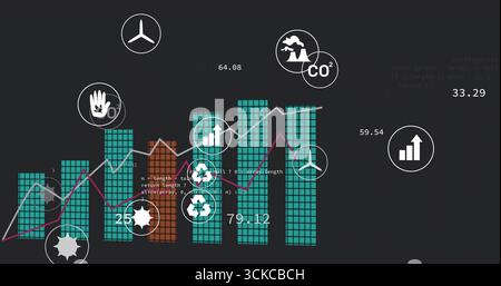 Displaying data visualization on dark dashboard, with teal and orange bars, lines, and eco icons. Analytics, sustainability, infographics, eco-tech, d Stock Photo