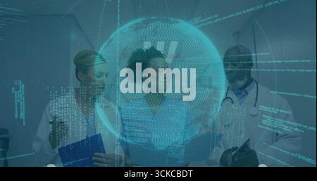 Studying medical team analyzing holographic globe with code in hospital hall holding folder, tablet. Healthcare, innovation, technology, collaboration Stock Photo