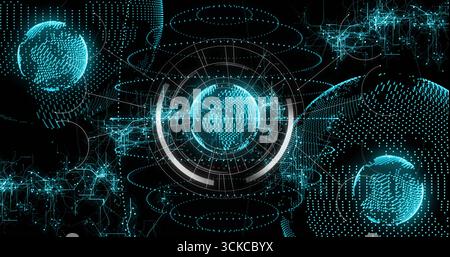 Rotating central digital globe within virtual data realm, featuring concentric rings, network lines. Cyberspace, futuristic, innovation, technology, c Stock Photo