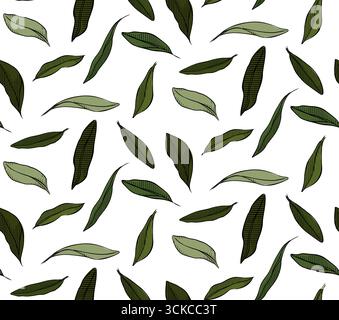 Olive leaf Green olive leaves seamless pattern. Vector graphic line ink colored illustration. design for fashion graphics, textile prints, fabrics, wa Stock Vector