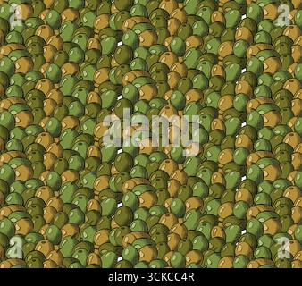 Olive seamless pattern in repeat stripe. Olive berries closeup seamless pattern. Vector graphic line ink colored illustration. Texture tree, green fru Stock Vector