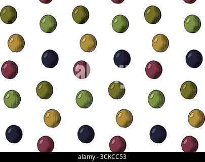 Olive berries seamless pattern. Vector graphic line ink colored illustration. Fresh Greek berries. Italian oil vegetables, oliva. texture for bedsheet Stock Vector