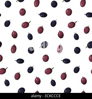 Olive rustic seamless pattern. Olive berries seamless pattern. Vector graphic line ink colored illustration. green fruit, graphic leaves on white back Stock Vector