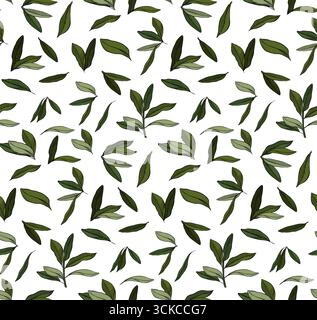 leaves vector pattern background. Green olive leaves seamless pattern. Vector graphic line ink colored illustration. Use for cosmetic package, shop, s Stock Vector