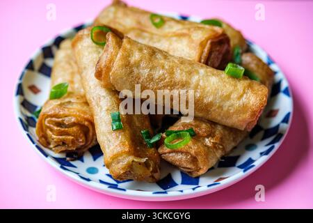 London UK, September 11 2025, Classic Chinese Style Vegetable Spring Rolls Stock Photo