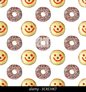 Chocolate Glazed Doughnuts with Smiling Face Coconut Flakes Jelly Donuts Pattern on White Background Stock Photo